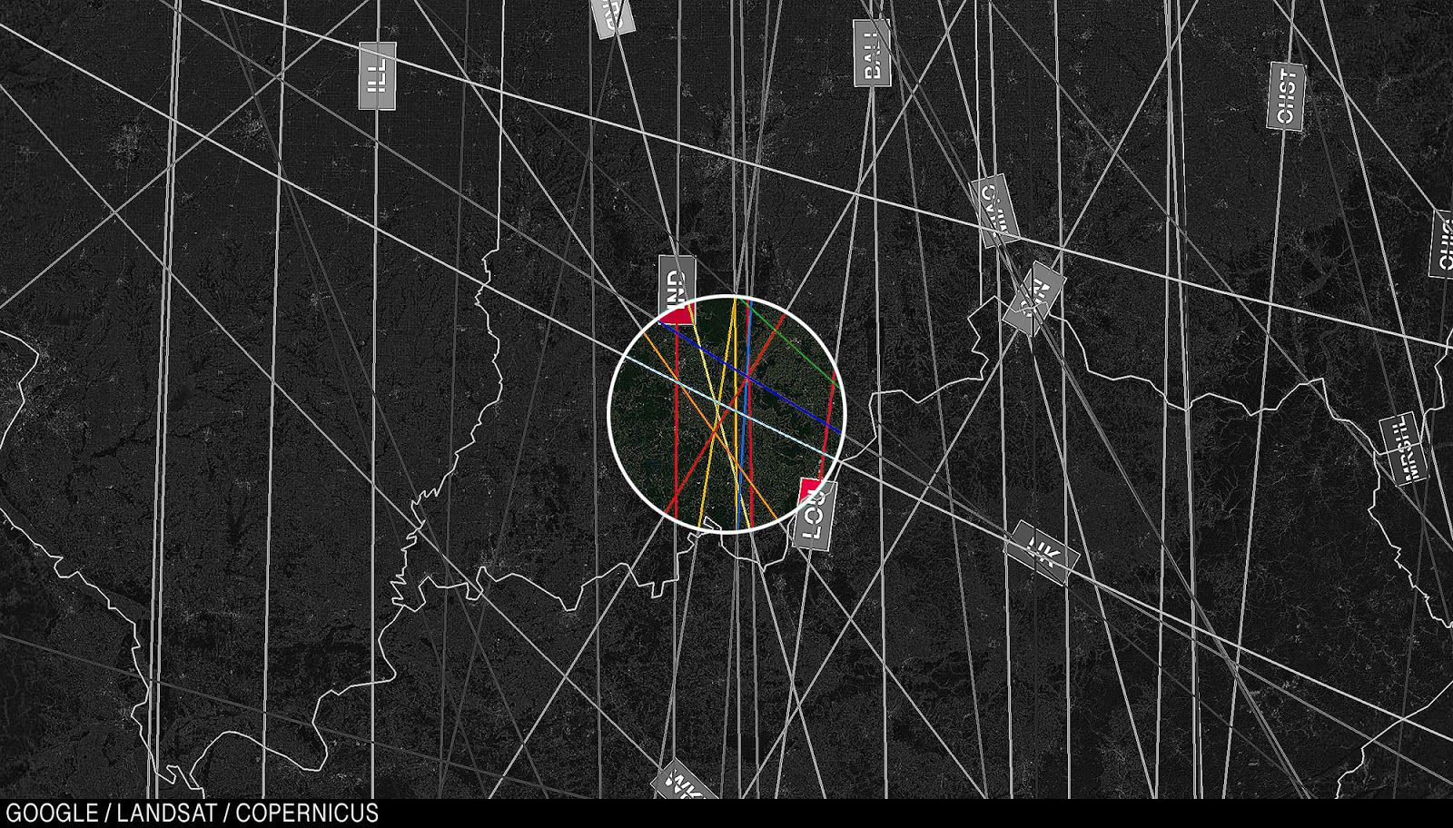 Карта южной Индианы, где отмечено запутанное скопление полей.