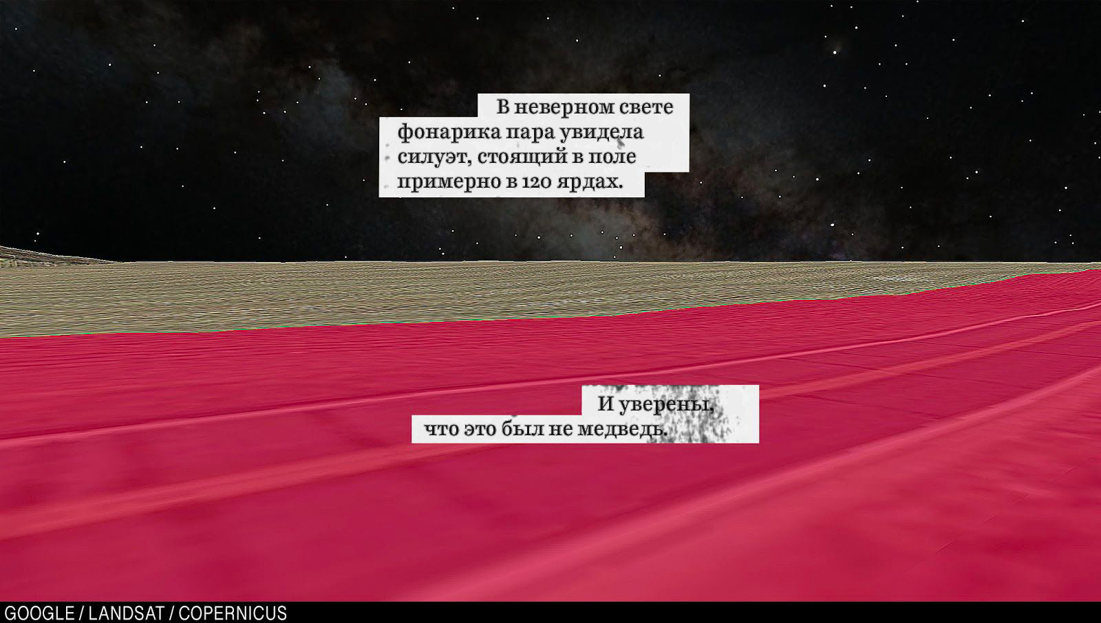 Поле Тройского крупным планом. Газетная вырезка: «В неверном свете фонарика пара увидела силуэт, стоящий в поле примерно в 120 ярдах. […] И уверены, что это был не медведь».
