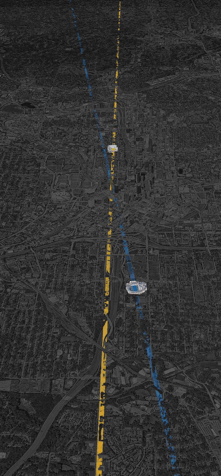 Дальний план полей Технологического института Джорджии и Университета штата Джорджия.