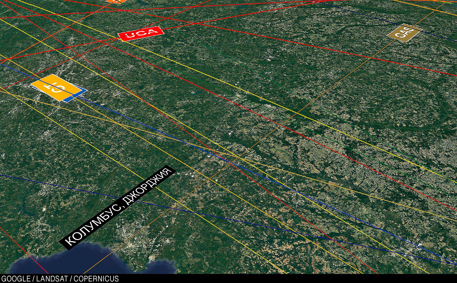 Вид сверху на поле Южной Джорджии, проходящее через город Колумбус, Джорджия.