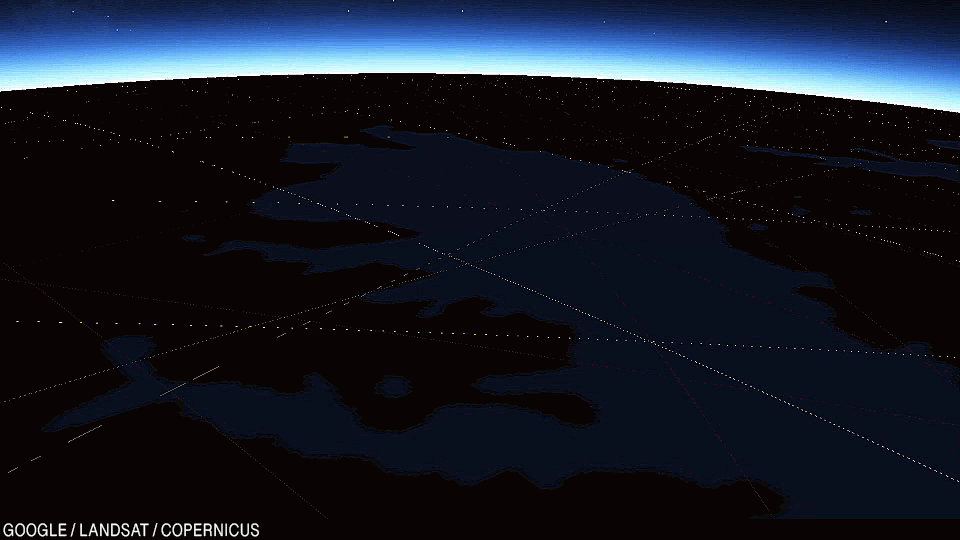 Анимация: камера движется высоко над Южными Великими озёрами.