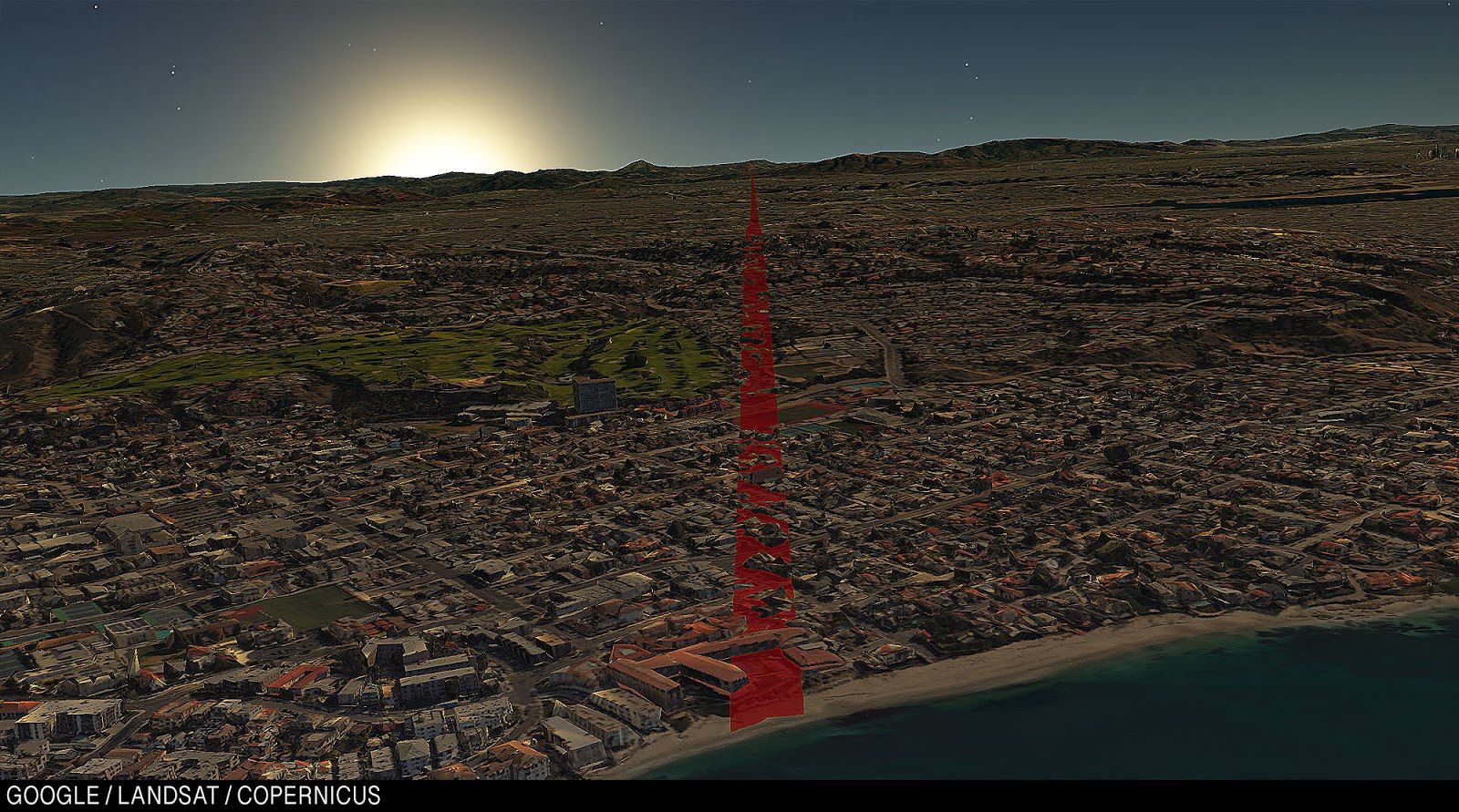 Закат над Сан-Диего. Поле Университета штата Калифорния в Сан-Диего проходит сквозь город и заканчивается у Тихого океана.