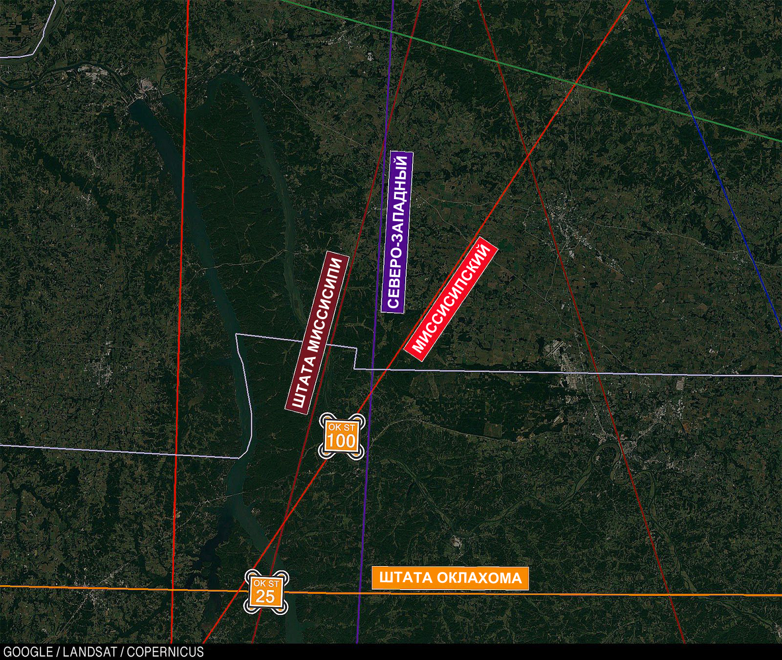 Карта: сотня игроков штата Оклахома приближается вплотную к перекрёстку Миссисипского и штата Миссисипи.