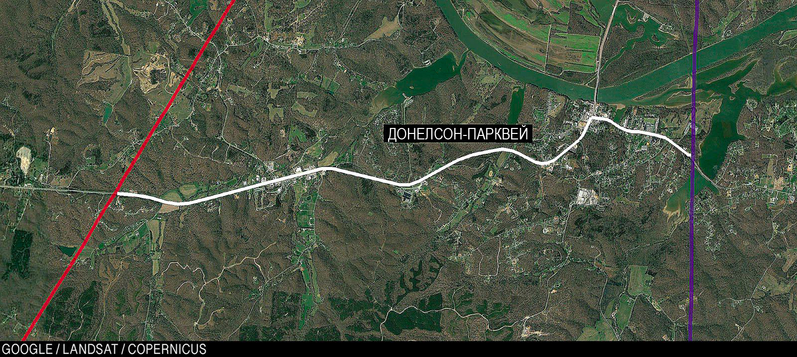 На карте отмечено шоссе Донелсон-парквей, по которому бежит Ник и которое соединяет поля Северо-Западного и Миссисипского.