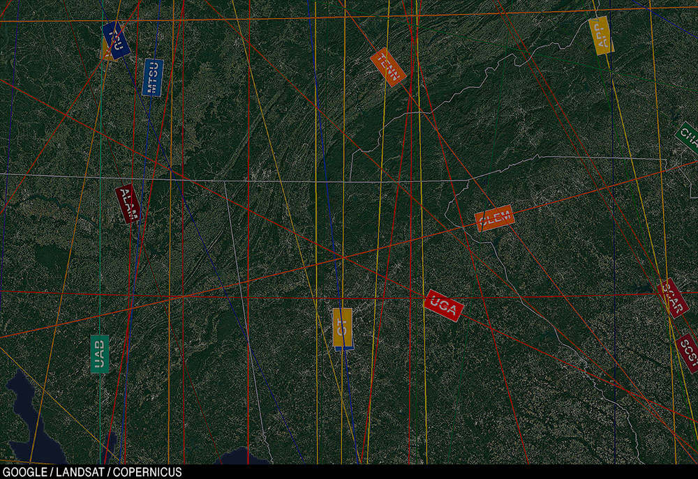 Анимация: карта, где мигающим кружком помечен городок Бол-Граунд, Джорджия.