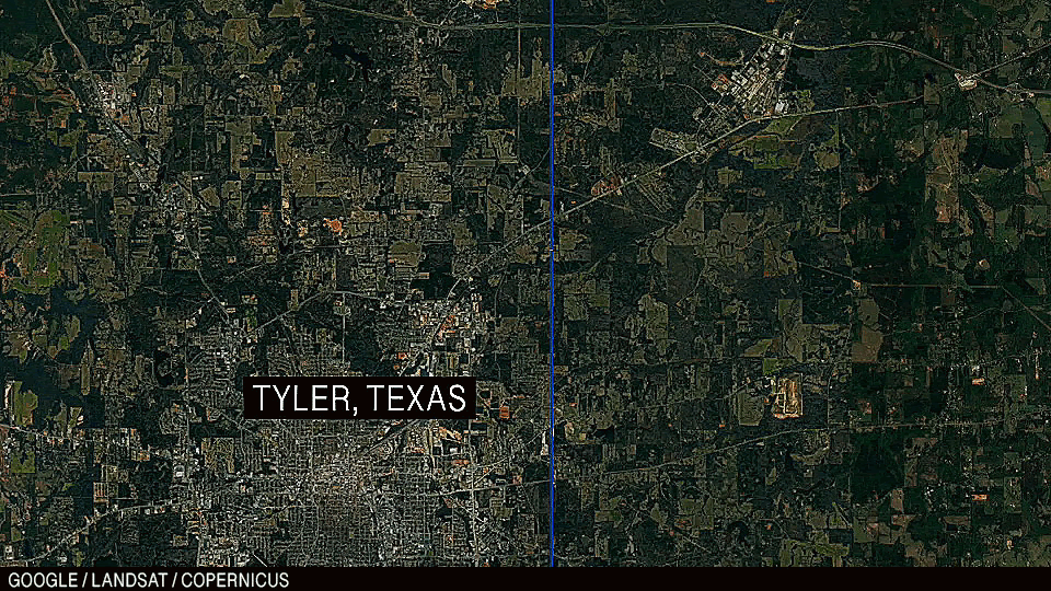 Анимация: камера наезжает на футбольную схватку в окрестностях Тайлера, Техас.