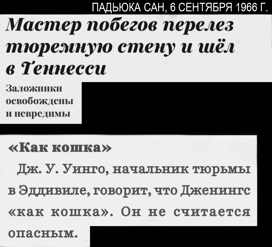 Газетная вырезка, где Дженингса называют мастером побегов и сравнивают с кошкой.